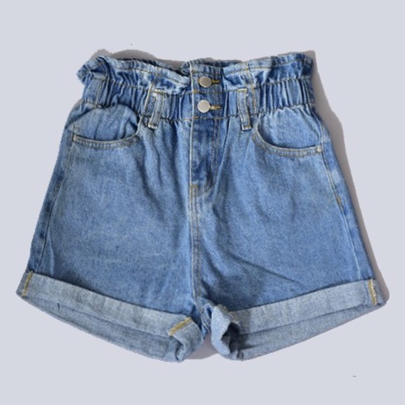 Paperbag Elastc Waist High Rise Denim Shorts - Picture 2 of 8